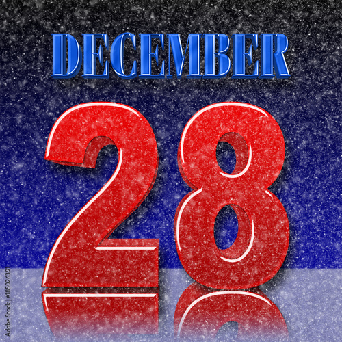 Stock Illustration - Red Bold 28 Blue Bold December, 3D Illustration, Snow Night Background.