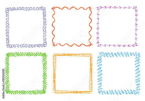 Crayon hand drawing square frames. Set of colorful rectangular ornate design element chalk or pencil like kid`s drawn style. Vector art strokes lines banner border, template, copy space background.