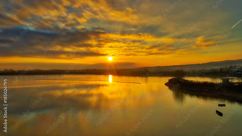 Naklejka premium Sunrise over the wetland of Kerkini Lake in northern Greece