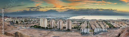 Panoramic aerial view on Eilat (Israel) and Aqaba (Jordan) in the early morning