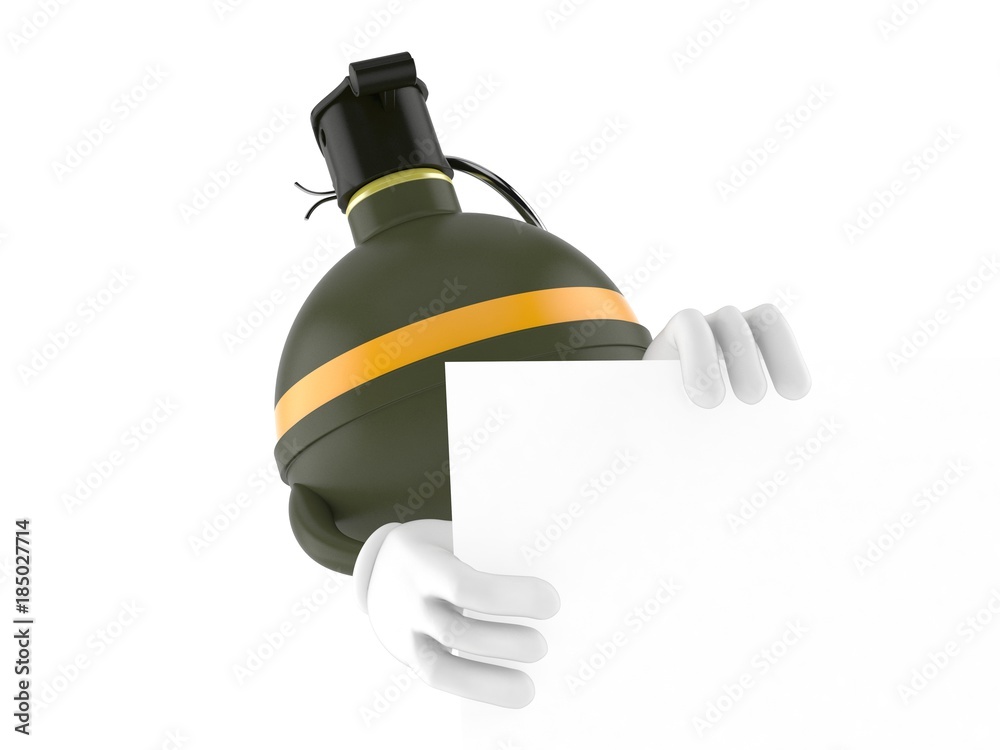 Naklejka premium Hand grenade character behind white board