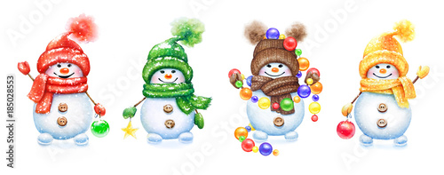 Collection of watercolor hand drawn cute snowmen in mittens and hats with decorative balls for New Year tree isolated on white background. © Lyubov Tolstova