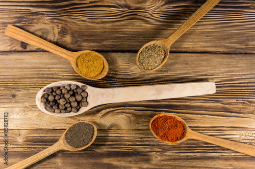 Assorted spices in wooden spoons on a table