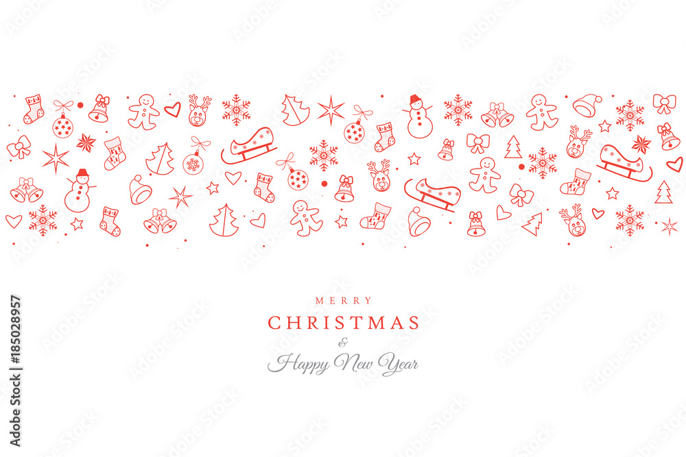 Christmas and Happy New Year greeting card with christmas symbols ornament, reindeer, gingerbread, snowflakes, snowman, christmas ball, icons, winter holiday banner isolated element illustration