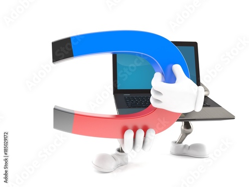 Laptop character holding horseshoe magnet