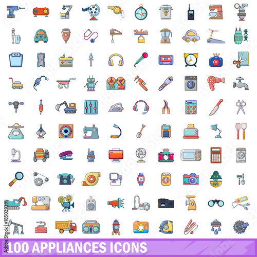 100 appliances icons set, cartoon style 