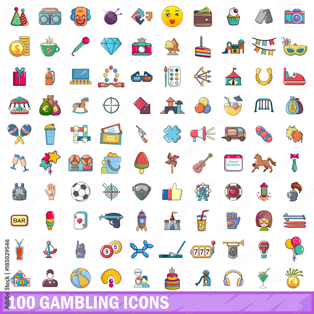 100 gambling icons set, cartoon style 