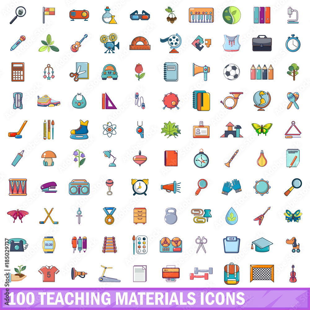 100 teaching materials icons set, cartoon style 