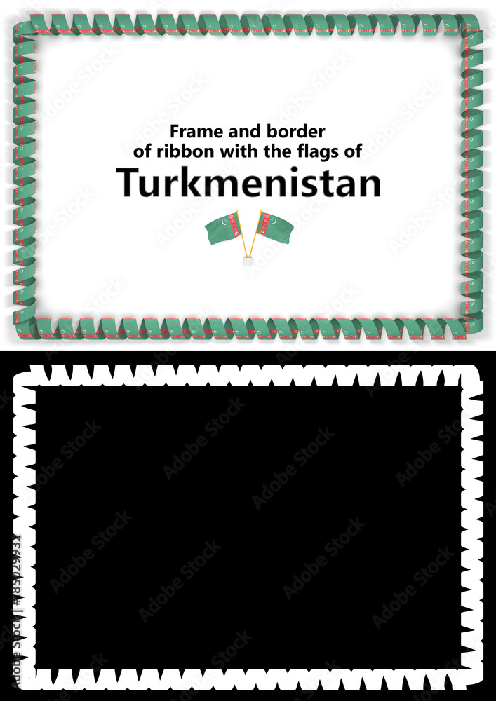 Frame and border of ribbon with the Turkmenistan flag for diplomas, congratulations, certificates. Alpha channel. 3d illustration