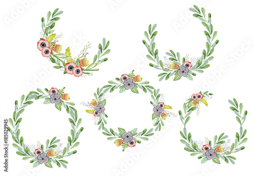 Watercolor floral set with wreaths hand drawn illustration. Tribal flowers  leaves and branch