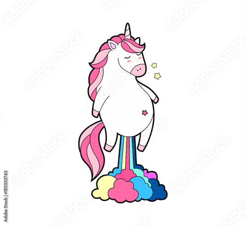 Cute fat unicorn farting rainbow.