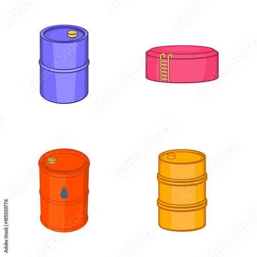 Oil barrel icon set, cartoon style