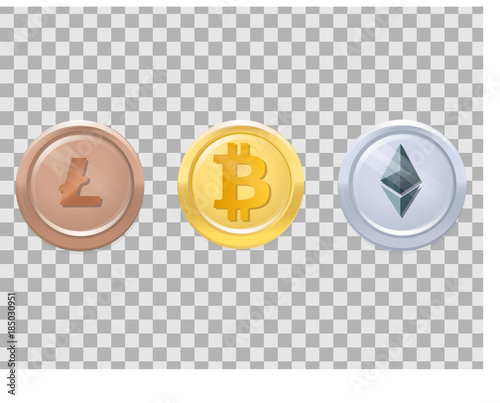 three realistic coins  medals with crypto-currencies - bitcoin, etherium, lightcoin, gold, silver, bronze, three places photo