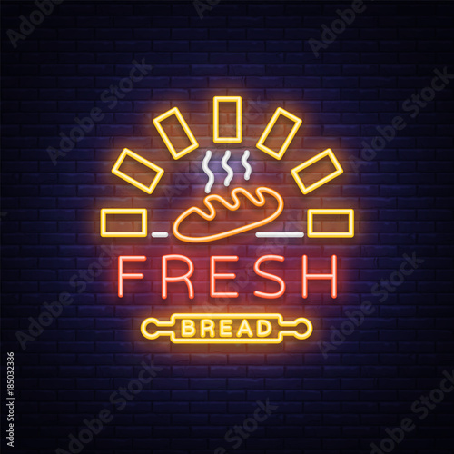 Bakery logo is a neon sign. Vector illustration on the topic of fresh pastries. Neon symbol, bright billboard, night shining advertisement Bakery