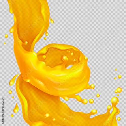 Transparent orange liquid splash flowing in a spiral. Juice background. Water, honey, oil, juice, beer, shampoo. Vector illustration. 