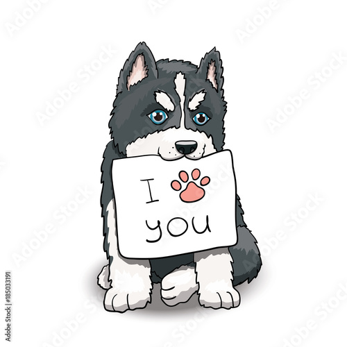 Husky Puppy With I Love You Sign. Cartoon Character Illustration