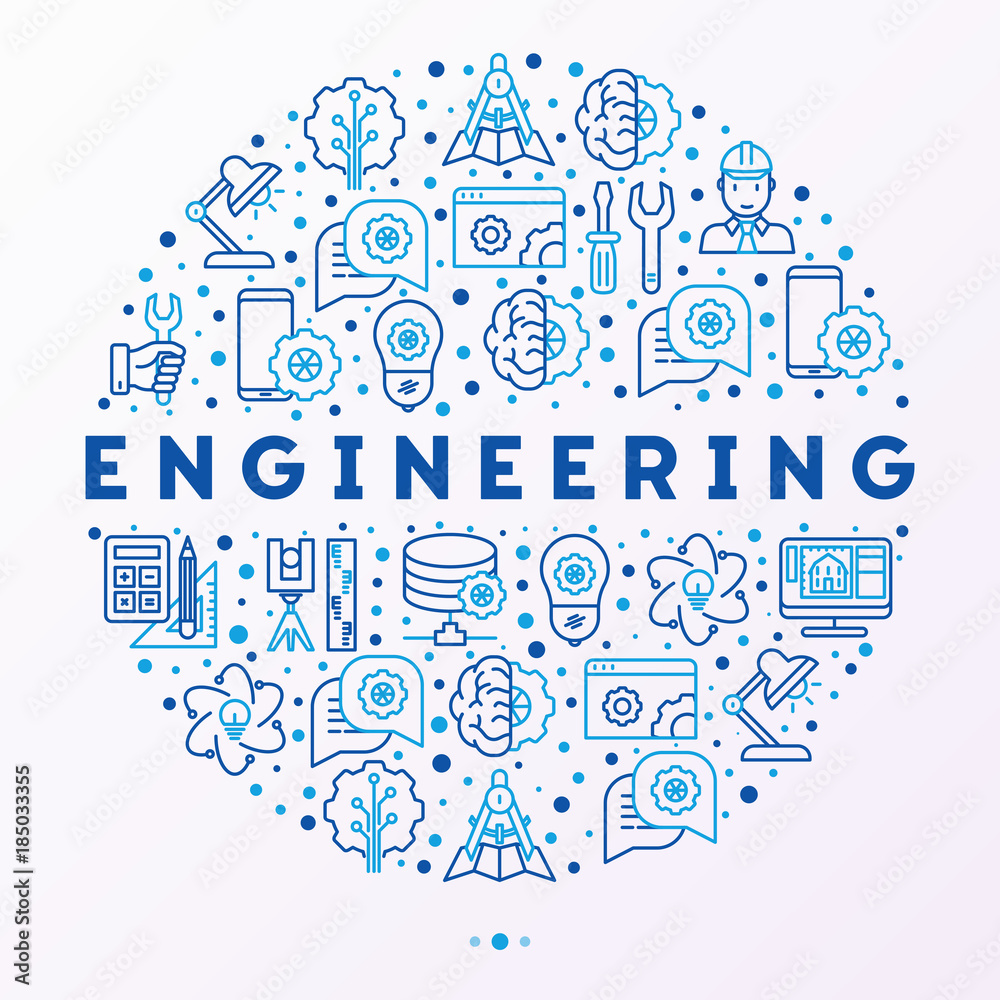 Engineering concept in circle with thin line icons: engineer, electronics, calculations, tools, repair, idea, it server. Modern vector illustration for web page, banner, print media.
