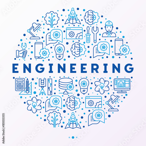 Engineering concept in circle with thin line icons: engineer, electronics, calculations, tools, repair, idea, it server. Modern vector illustration for web page, banner, print media.