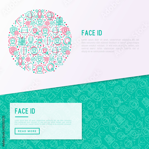 Face ID concept in circle with thin line icons  face recognition  scanning  mobile authentication  approved  disapproved  face detect. Modern vector illustration  template for web page.