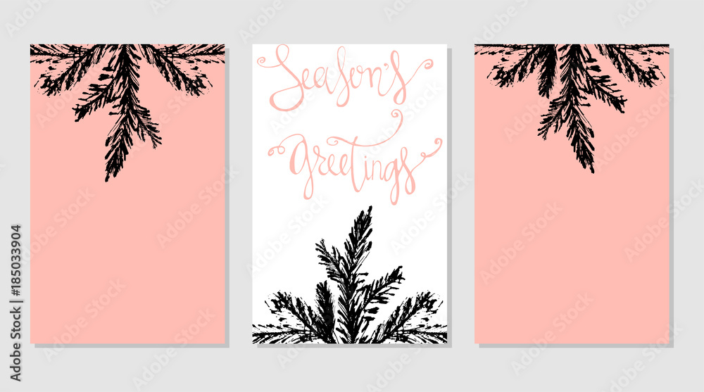 Set of Abstract Hand Drawn Universal brush Cards. Happy Holidays Christmas vector graphic background. Vector illustration