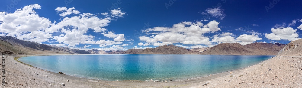 Beautiful panorama of the Pangong Tso Lake in Ladakh, North India