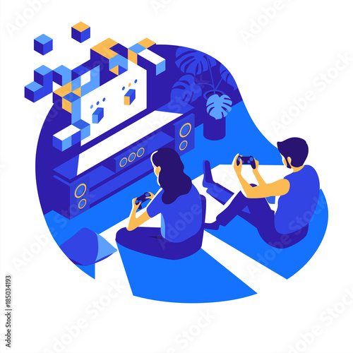 A man and a woman sitting on the floor play a video game on the game console in the darkroom at night. Vector isometric illustration.