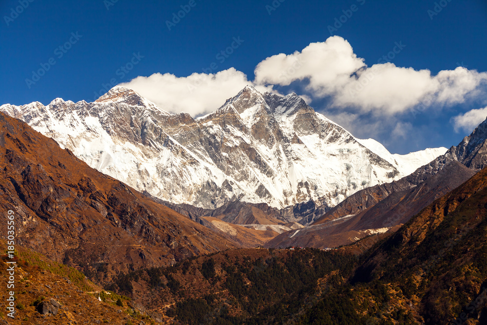 Everest, Himalayas, landscape between way to Everest Base Camp,Nepal.Snow capped mountain top highest in the world
