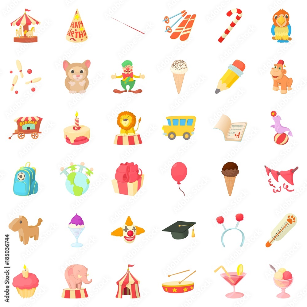 Happy birthday icons set, cartoon style Happy birthday icons set, cartoon style