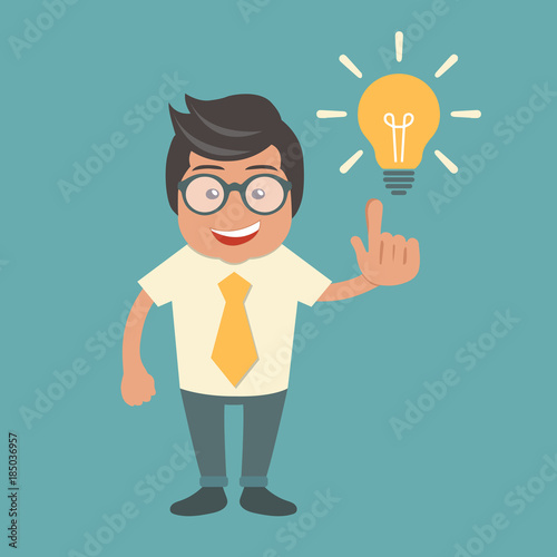 Businessman with an idea concept. Man standing next to light bulb as symbol of great business idea. Flat vector illustration