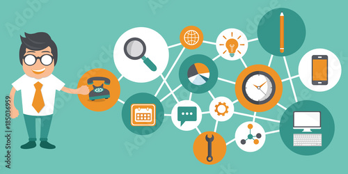 Businessman presenting customer relationship management. System for managing interactions with current and future customers. Flat vector illustration.