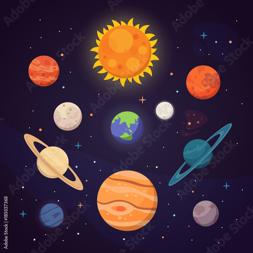 Set of colorful bright planets. Solar system, space with stars. Cute cartoon vector illustration.