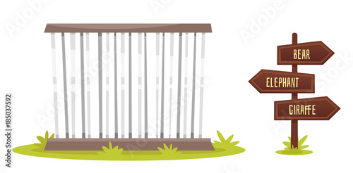 zoo cage with wooden signpost