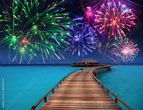 New Year's fireworks over the tropical island