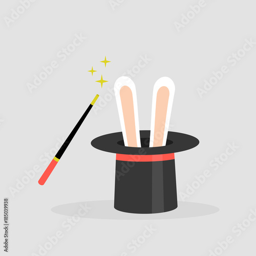 A wizard set black hat with the rabbit ears inside and a magic wand