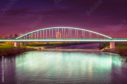 Sava river night view. / Night view at famous scenery in Zagreb city, River Sava.