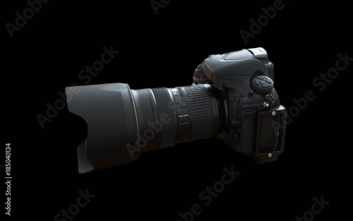 Digital camera & Lens Isolated on Black background. photo