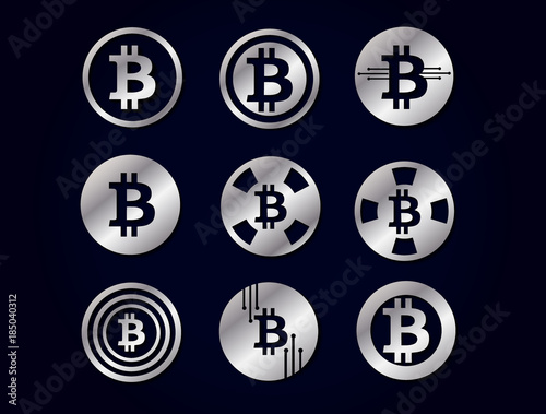 set of graphic vector silver icons logo for bitcoin crypto currency