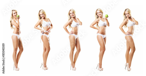 Beautiful and healthy girl eating green apple and measuring her perfect shape isolated on white. Weight loss, nutrition and healthcare concept. Set collection.