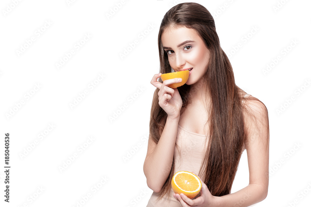 woman with orange on white background woman with orange on white background