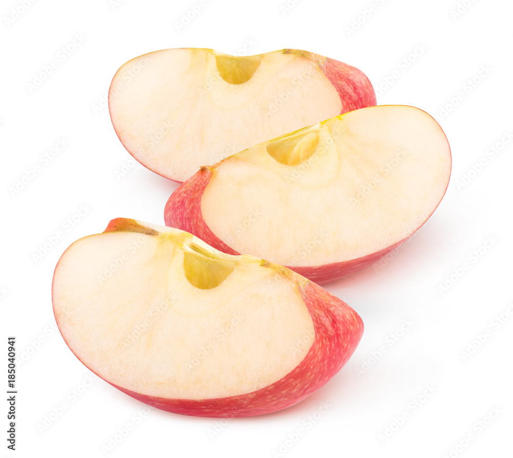 Isolated apple wedges. Three pieces of red apple fruit isolated on white background with clipping path Isolated apple wedges. Three pieces of red apple fruit isolated on white background with clipping path