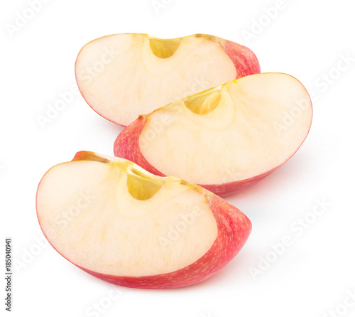 Isolated apple wedges. Three pieces of red apple fruit isolated on white background with clipping path