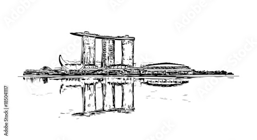 Hand drawn sketch of Marina Bay Sands, Singapore in vector illustration.  12/11/2015 Marina Bay Sands, Singapore.