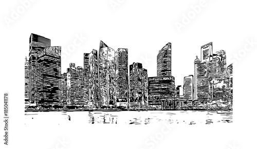 Freehand sketch vector panoramic Singapore city Freehand Drawing. Vector illustration.