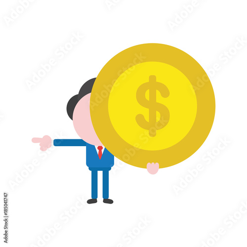 Vector illustration concept of faceless businessman character holding dollar money coin and pointing