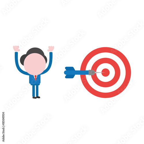 Vector illustration concept of faceless businessman character with bulls eye and dart and hit the mark