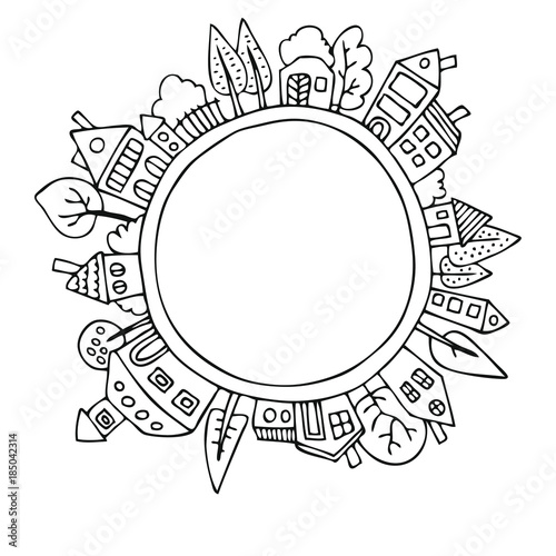 The houses around planet Earth. Hand drawn picture. Sketch for anti-stress adult coloring book in zen-tangle style. Vector illustration for coloring page. 