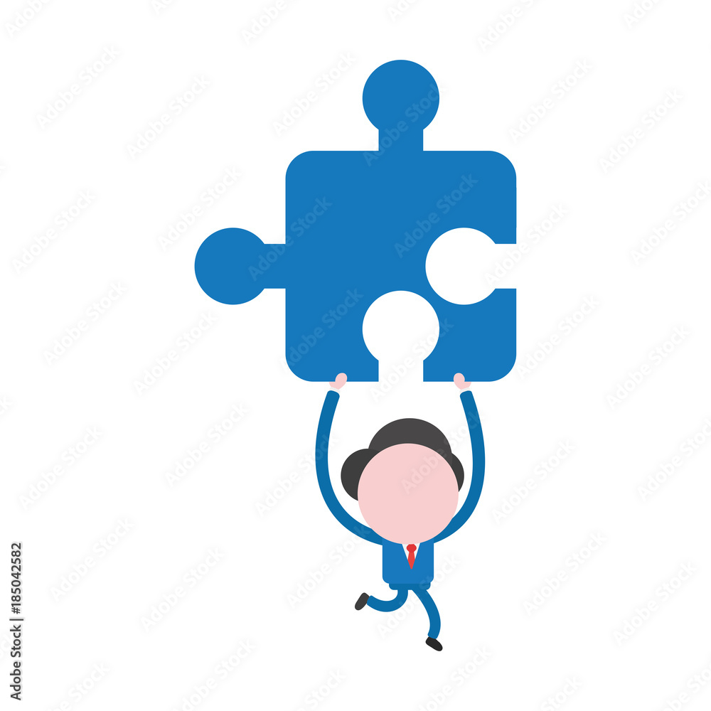 Vector illustration concept of faceless businessman character running, holding up and carrying jigsaw puzzle piece