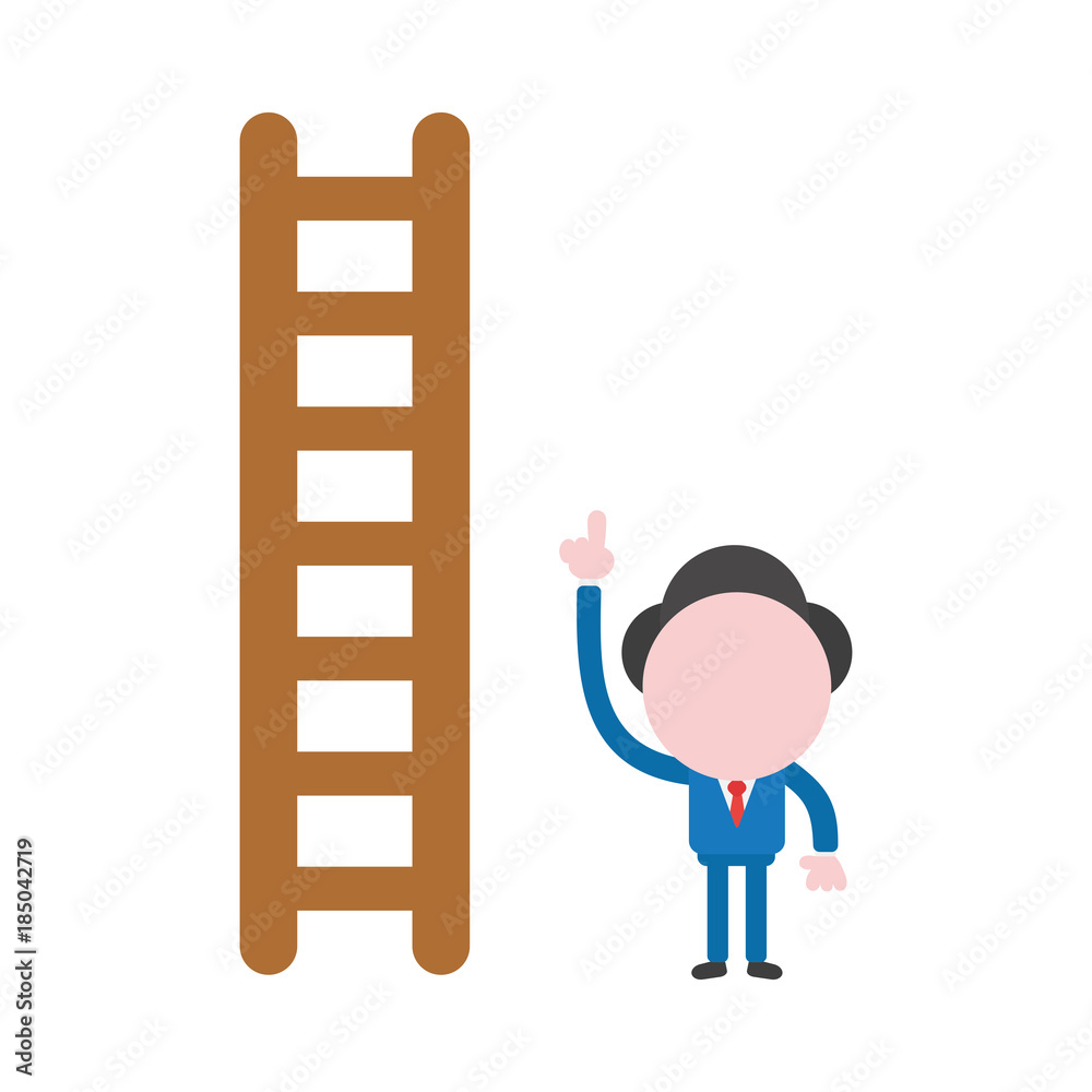 Vector illustration concept of faceless businessman character with wooden ladder and pointing up Vector illustration concept of faceless businessman character with wooden ladder and pointing up