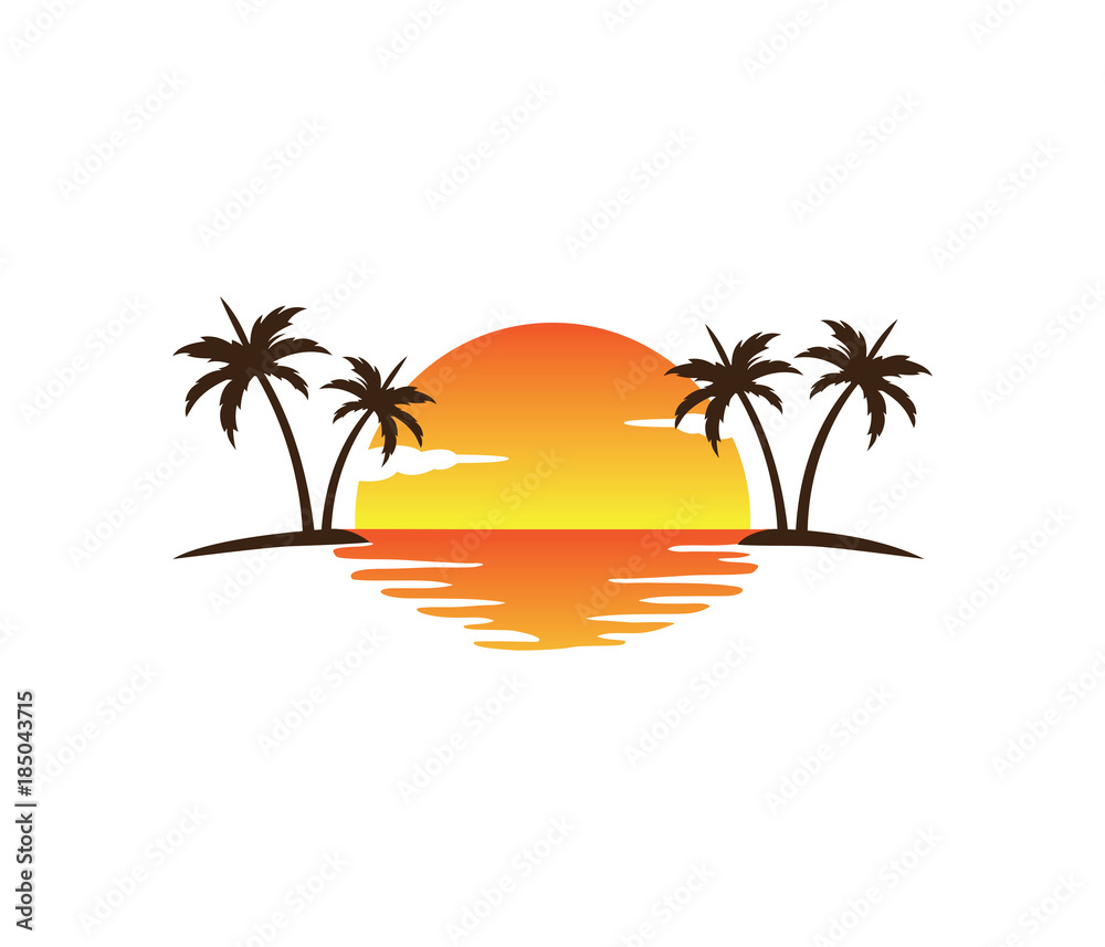 sunset palm coconut tree beach vector logo design