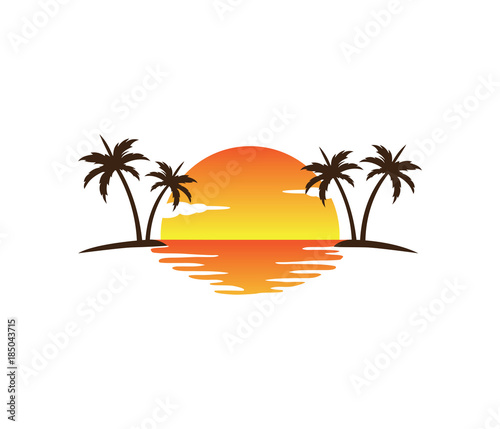 sunset palm coconut tree beach vector logo design